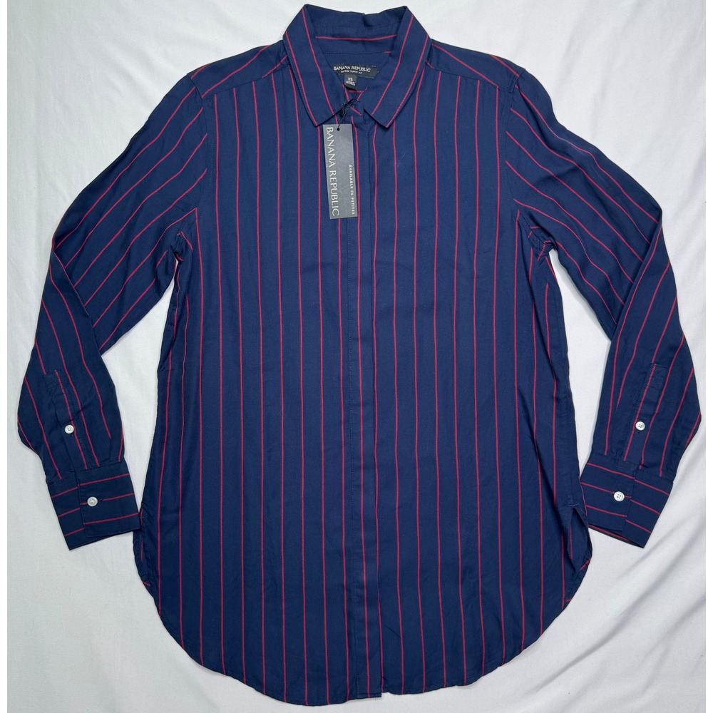Banana Republic Parker Tunic Fit Shirt Womens XS Navy Red Striped Preppy